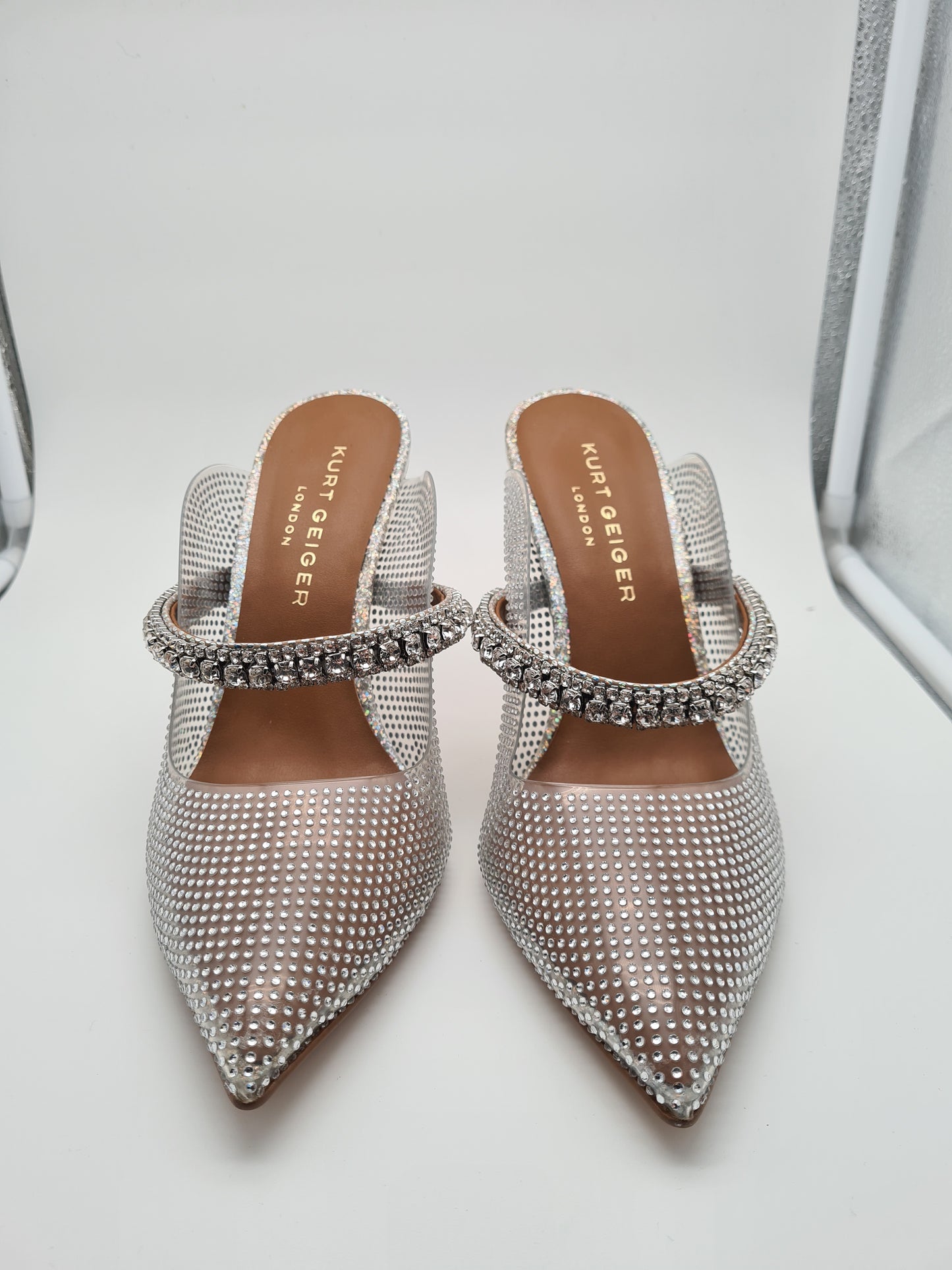 KURT GEIGER high Heels Silber Glitzer Strass duke vinyl 9103965999 metal comb occasion 39,5