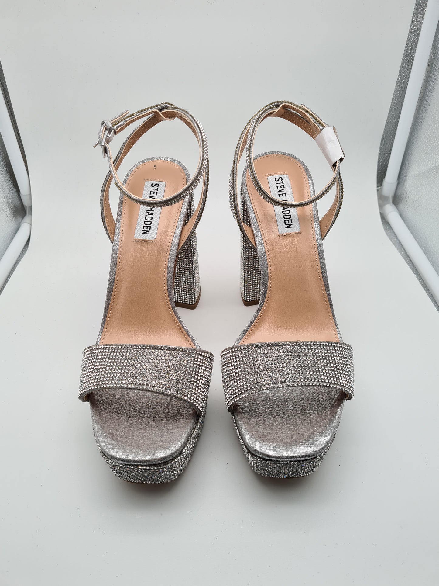 STEVE MADDEN High Heels silber glitzer Strass Plateau Sandalen LESSA R 39