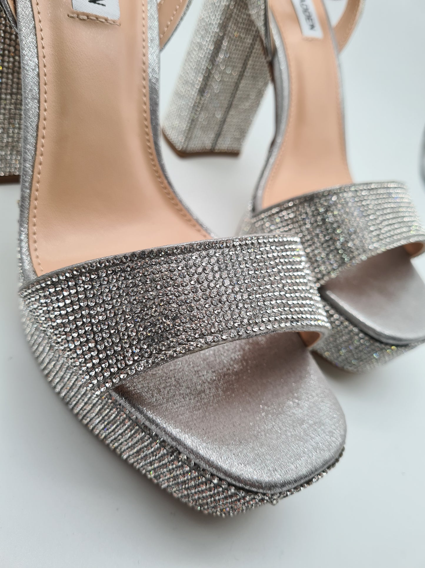 STEVE MADDEN High Heels silber glitzer Strass Plateau Sandalen LESSA R 39